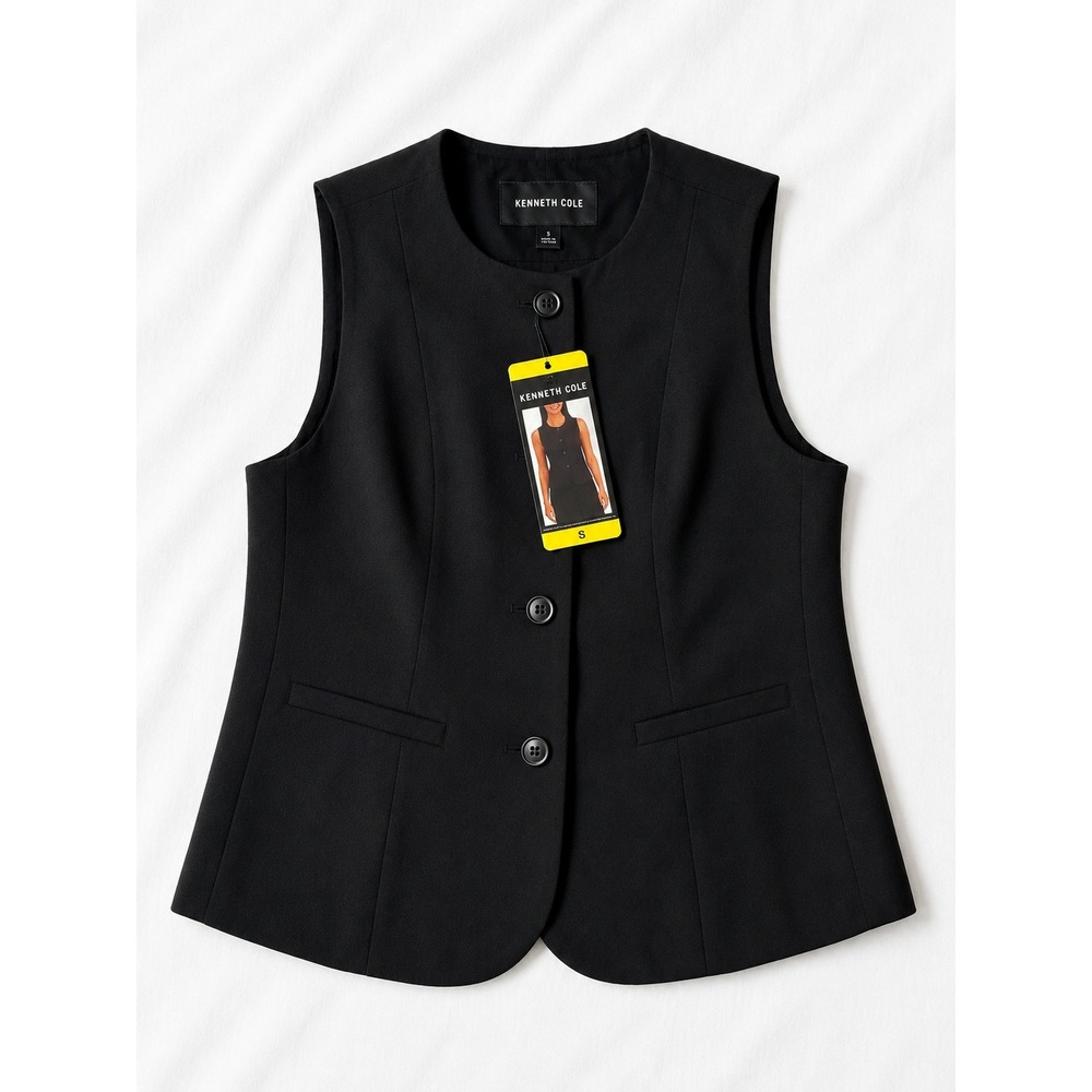 Kenneth Cole New York Womens Black Tailored Button Front Vest Size S NWT